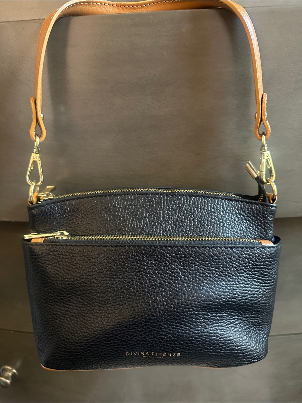 Divina Firenze Black Pebbled Leather Shoulder Bag with Tan Strap